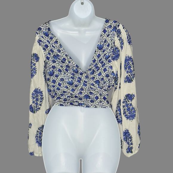Nicole Miller M NEW Blue Floral Print Linen Cropped Balloon Sleeve Top - Picture 2 of 9